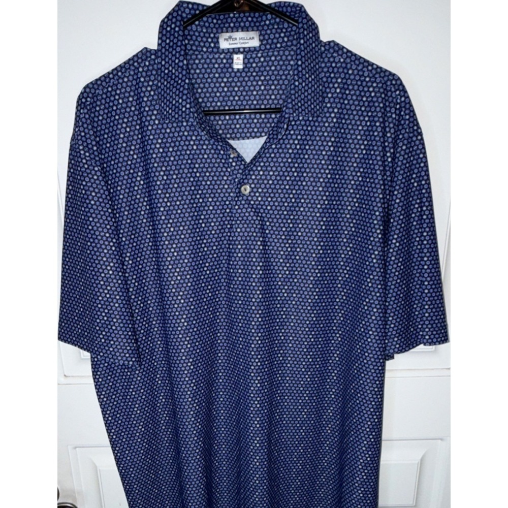 Peter Millar Blue White XL Men's Summer Comfort Polo Shirt Geometric Short Slee…